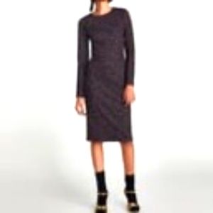 Zara Dress Bodycon Check Grey Burgundy Round Neck Long Sleeve